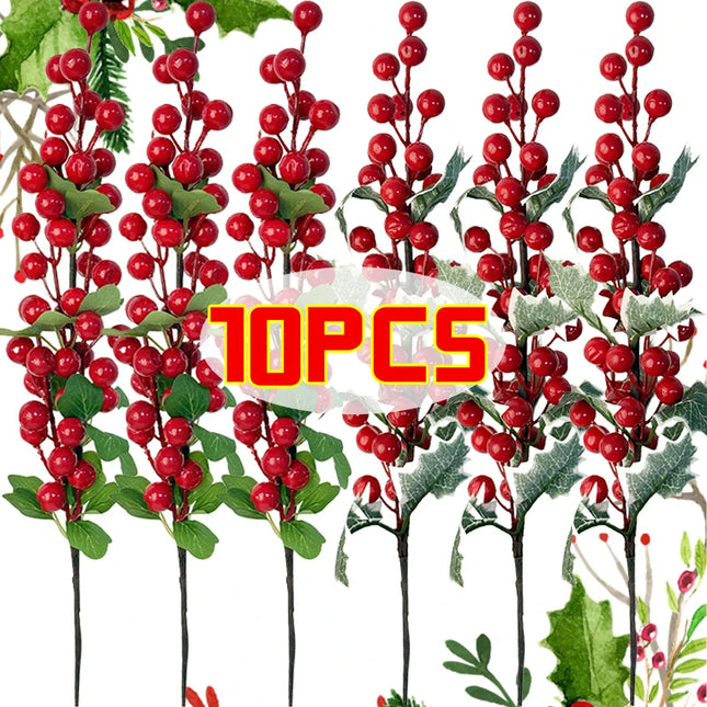 Artificial Red Berry Branches with Green Leaves, 52 cm