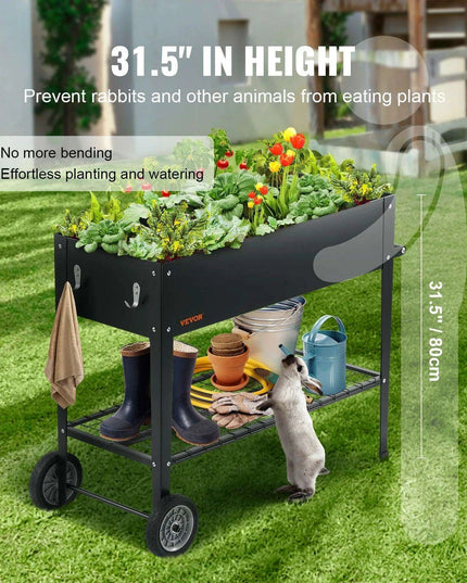 Mobile Steel Elevated Garden Bed with Drainage and Complete Gardening Kit