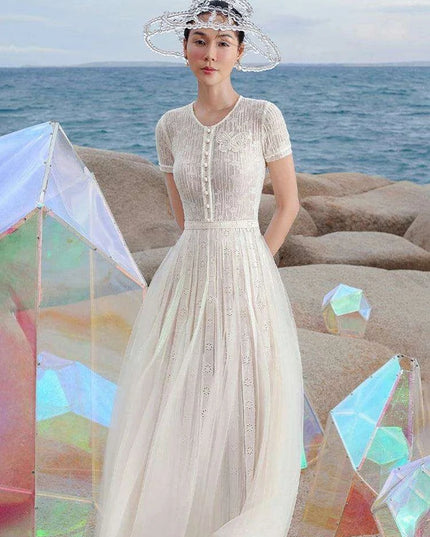 Stylish Hollow Embroidered Pleated Evening Gown for Women