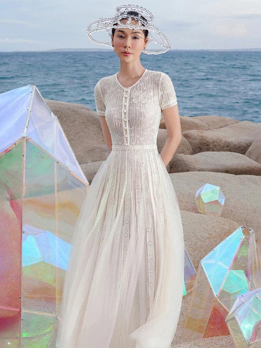 Stylish Hollow Embroidered Pleated Evening Gown for Women