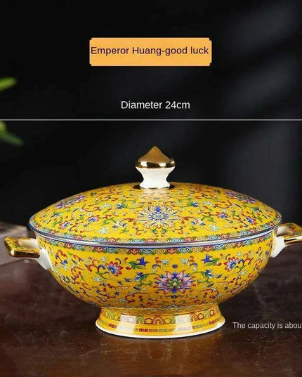 Authentic Elegant Under-glazed Ceramic Soup Pot with Lid and Spoon - Large Round Design with Gold Accents for Chinese Dining and Decor