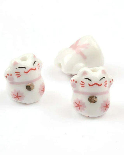 Whimsical Lucky Cat Ceramic Beads Set for Unique Jewelry Creations - 4 Pieces (13x14mm)