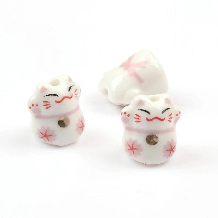 Whimsical Lucky Cat Ceramic Beads Set for Unique Jewelry Creations - 4 Pieces (13x14mm)