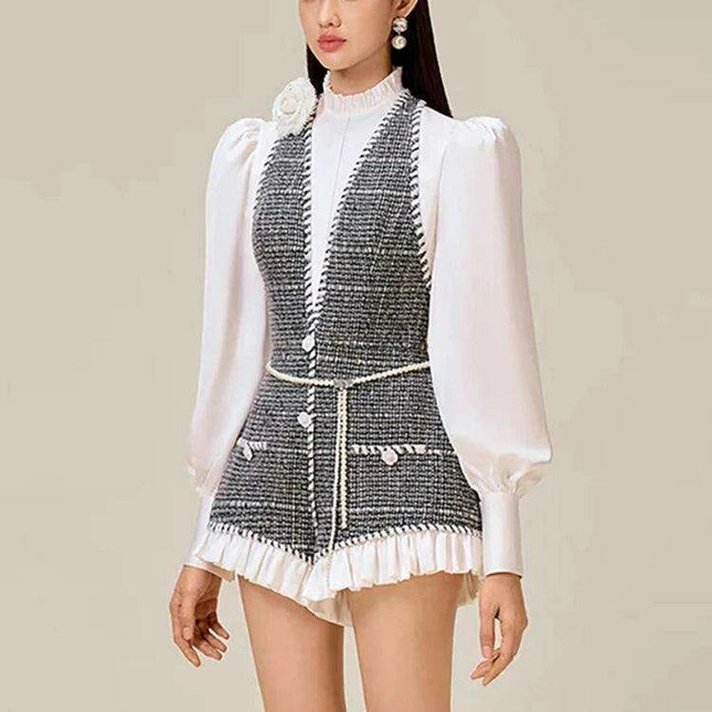 Chic High-Waisted Lantern Sleeve Playsuit with Zip & Lace Detail for Women