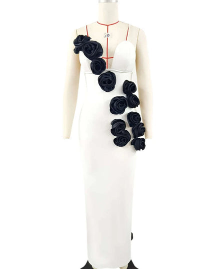 Elegant Contrast Pearl Slip Dress with 3D Floral Back Split for Women's Summer Evening Events - 2024 Collection