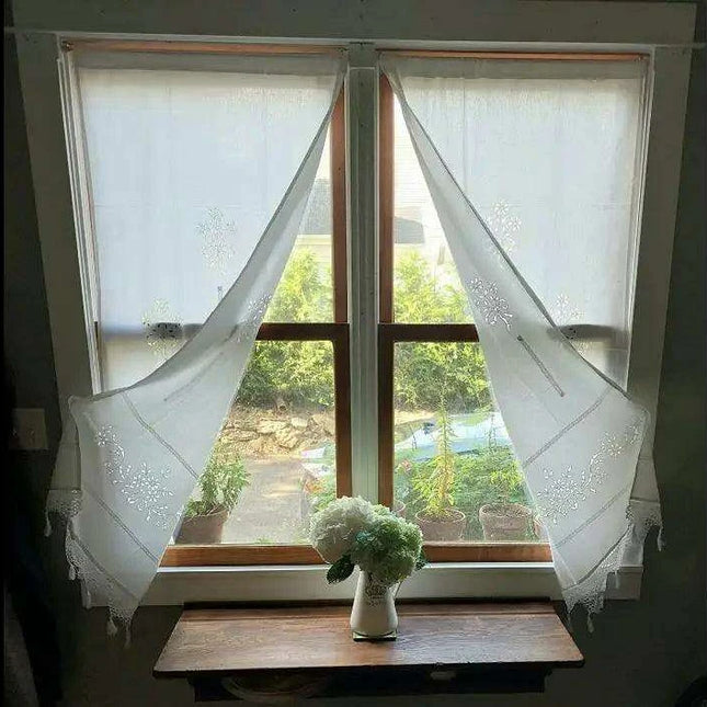 Cotton Kitchen Curtain with Hollow Design and Fun Tassel Trim - 01 panel