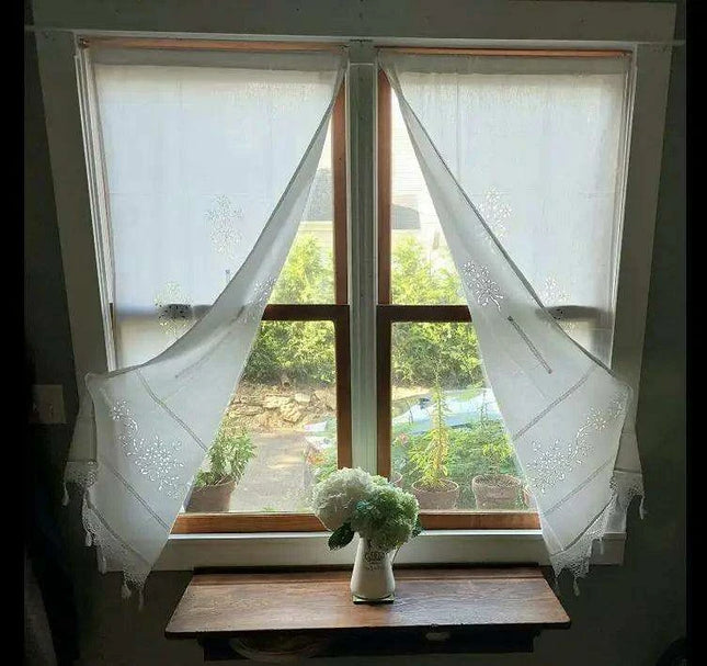 Cotton Kitchen Curtain with Hollow Design and Fun Tassel Trim - 01 panel