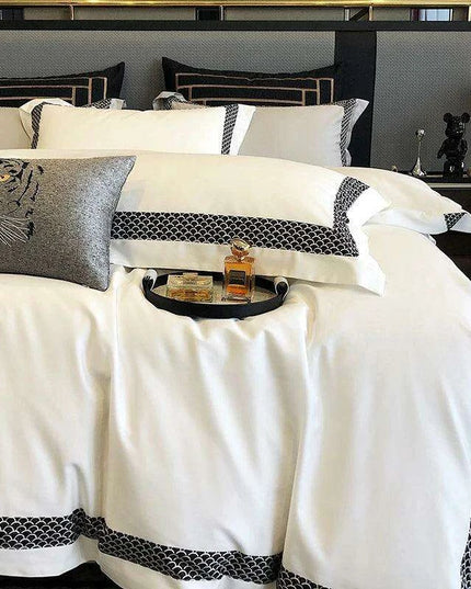 Premium 1000TC Egyptian Cotton White 4-Piece Embroidered Luxury Bedding Set with Duvet Cover, Pillowcases, and Bed Sheet