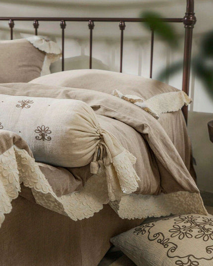 French Vintage Elegant Cotton Linen Lace Duvet Cover and Sheet Set - 4 Piece Collection