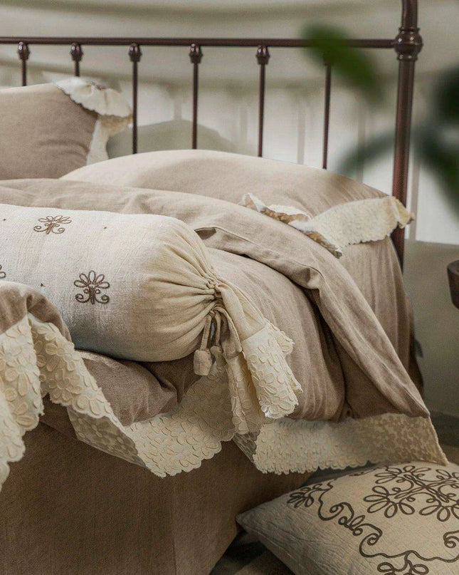 French Vintage Elegant Cotton Linen Lace Duvet Cover and Sheet Set - 4 Piece Collection