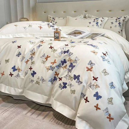 Exquisite 100% Egyptian Cotton Butterfly Embroidered Luxury Bedding Set with Duvet Cover, Sheets, and Pillowcases