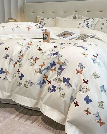 Exquisite 100% Egyptian Cotton Butterfly Embroidered Luxury Bedding Set with Duvet Cover, Sheets, and Pillowcases