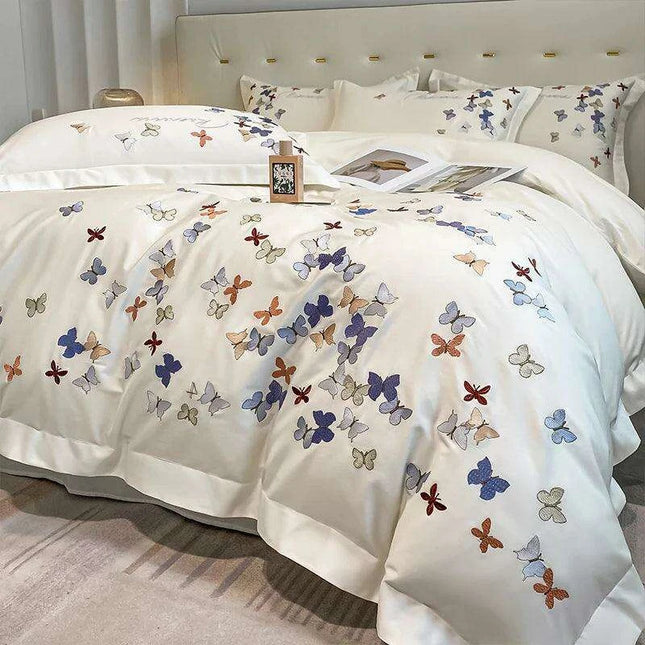 Exquisite 100% Egyptian Cotton Butterfly Embroidered Luxury Bedding Set with Duvet Cover, Sheets, and Pillowcases