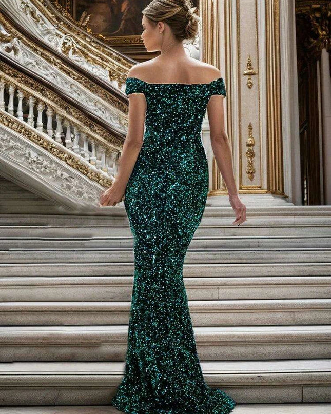 Glamorous Off-The-Shoulder Sequin Velvet Mermaid Evening Gown - Luxurious Long Dress for Women in Vibrant Red