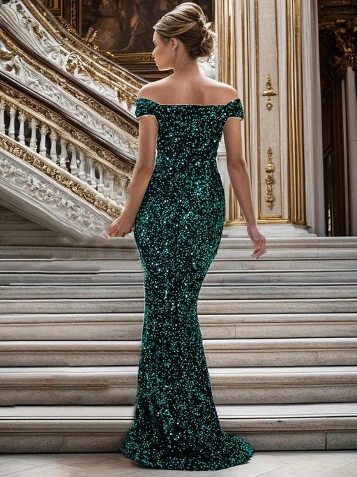 Glamorous Off-The-Shoulder Sequin Velvet Mermaid Evening Gown - Luxurious Long Dress for Women in Vibrant Red
