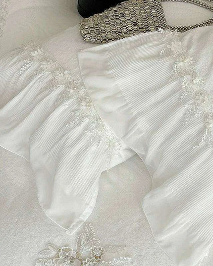 French Lace Ruffle Bedding Set with Velvet Duvet Cover and Floral Embroidery - 4-Piece Ensemble