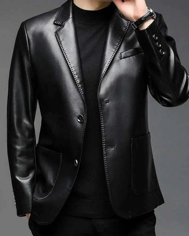 Men's Premium Faux Leather Lapel Jacket with Elegant Button Cuffs and Practical Pockets