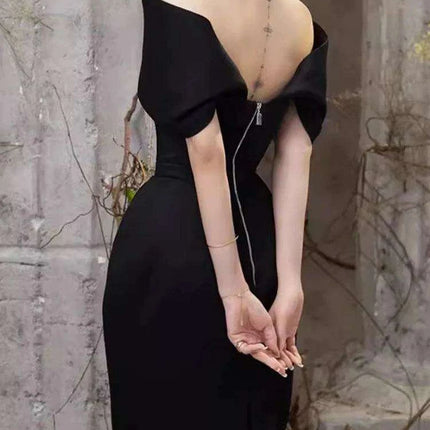 High-Waisted Evening Gown with Asymmetrical Neckline and Slit Detail