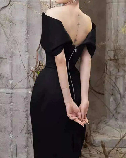 High-Waisted Evening Gown with Asymmetrical Neckline and Slit Detail
