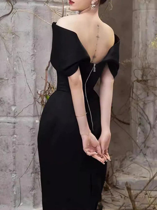 High-Waisted Evening Gown with Asymmetrical Neckline and Slit Detail