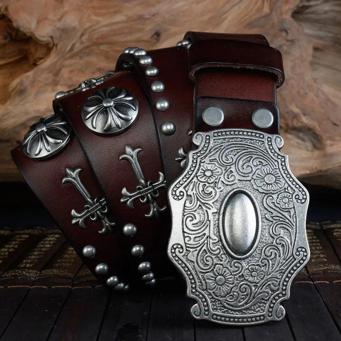 Edgy Punk Rock Men's Leather Belt with Heavy Metal Accents
