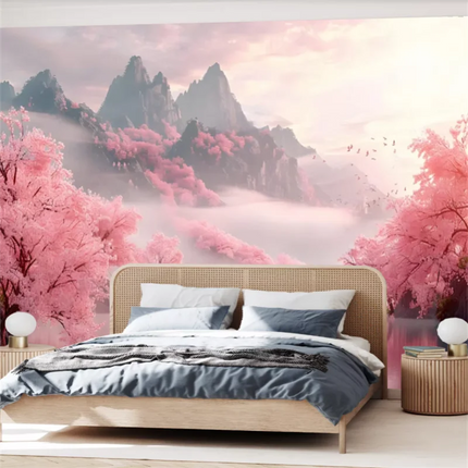 Mountain Lake Cherry Blossom 3D Mural Wallpaper