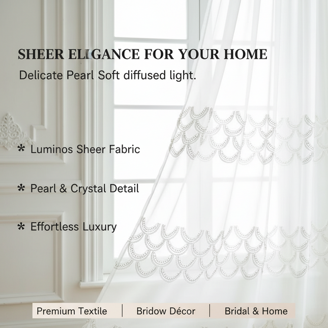 Embroidered Sequin & Pearl Sheer Curtain Panel — Custom Width, 4 Heading Styles | Très Elite