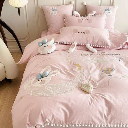 Charming Pink Cartoon Rabbit & Moon Embroidered 100% Cotton Girls Bedding Set with Whimsical Ball Edges - Duvet Cover, Sheet & Pillowcases
