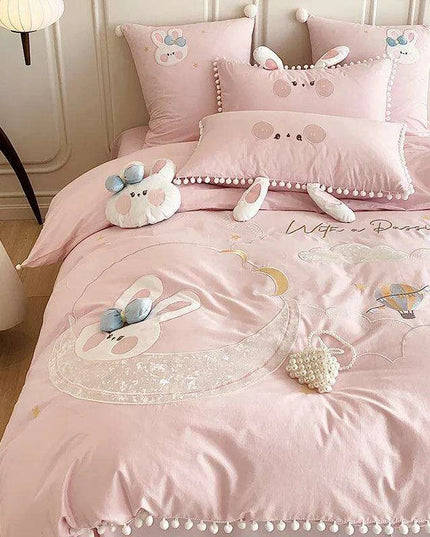 Charming Pink Cartoon Rabbit & Moon Embroidered 100% Cotton Girls Bedding Set with Whimsical Ball Edges - Duvet Cover, Sheet & Pillowcases