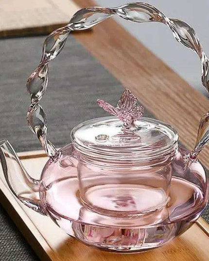 Elegant 700ML Pink Butterfly Glass Teapot for Electric Stoves