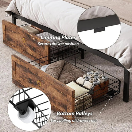 Shop1105673279 Farmhouse King Bed Frame with LED Lights & Storage Draw