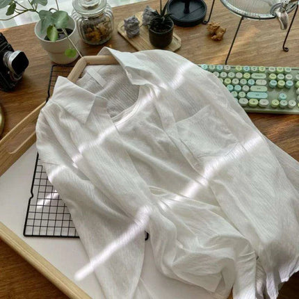 Loose-Fitting Women's Pleated Long-Sleeve Shirt with Pockets - Versatile Solid Color Sunscreen Top