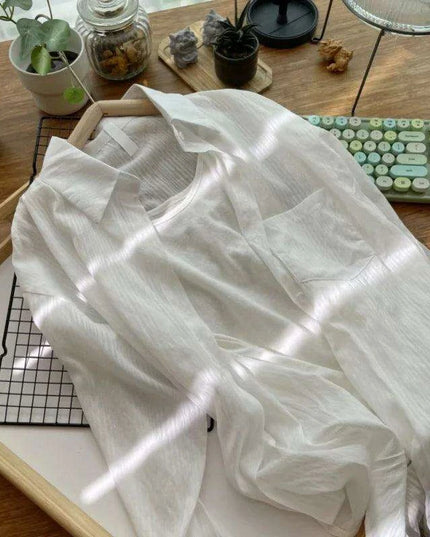 Loose-Fitting Women's Pleated Long-Sleeve Shirt with Pockets - Versatile Solid Color Sunscreen Top