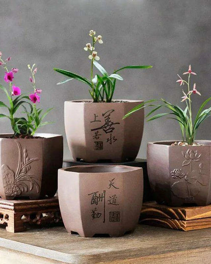 Chic Polygonal Purple Clay Vase - Stylish Chinese-Inspired Home Decor Planter