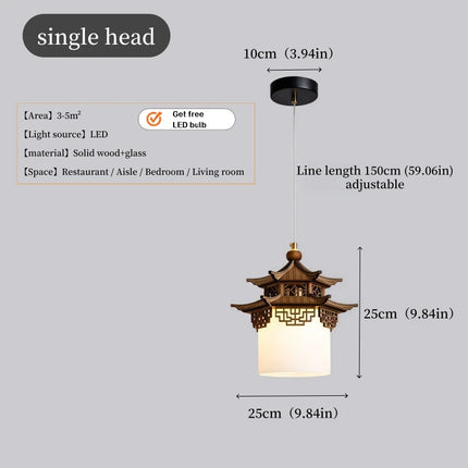 Solid Wood & Glass LED Pendant Light — Oriental Design, E27, Tri-Color