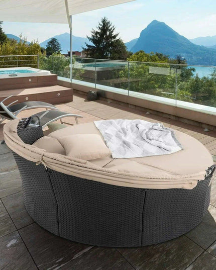 Versatile Black Wicker Round Daybed with Adjustable Canopy - Chic Outdoor Lounge Solution