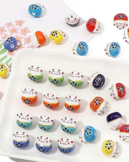 Set of 2 Artisan 14mm Ceramic Lucky Cat Charms for Creative Jewelry Designs