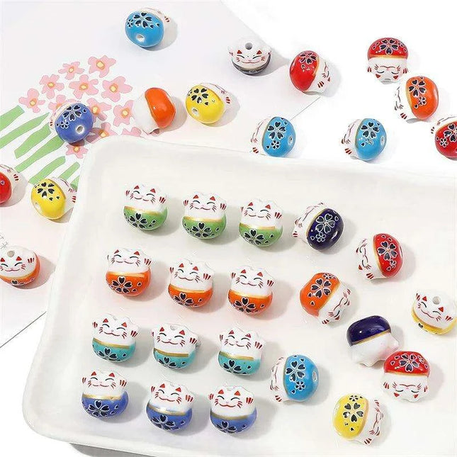 Set of 2 Artisan 14mm Ceramic Lucky Cat Charms for Creative Jewelry Designs