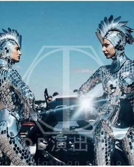 Customizable Silver Serpent Mirror Performance Costume for Nightclubs and Theatrical Shows