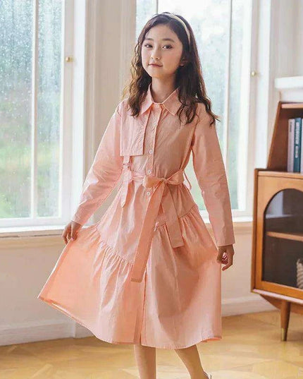Girls' Spring Autumn Button-Up Dress in Solid Blue and Pink for Ages 6-16