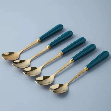 Elegant Golden Veined Ceramic Cutlery Collection with Chic Storage Holder
