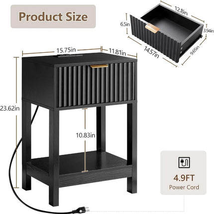 Nightstand Set 2, Fluted Bedside Table with Charging Station, Wood End Table with Drawer & Shelf, Black nightstand-set-2-fluted-bedside-table-with-charging-station-wood-end-table-with-drawer-shelf-black