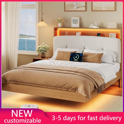Floating Queen Bed Frame w/ LED Lights & Charging Station, Wood Platform, No Box Spring Needed, Walnut floating-queen-bed-frame-w-led-lights-charging-station-wood-platform-no-box-spring-needed-walnut-1