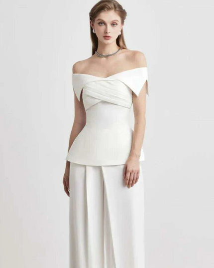 Summer 2-Piece Set with Off-Shoulder Neckline and Cross-Back Design - Pleated Jacket & Flowing Pants