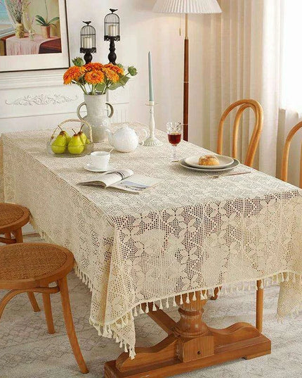 Rustic Elegance Handcrafted Crochet Beige Table Cover - Perfect for Dining, Bridal Celebrations, and Home Decor