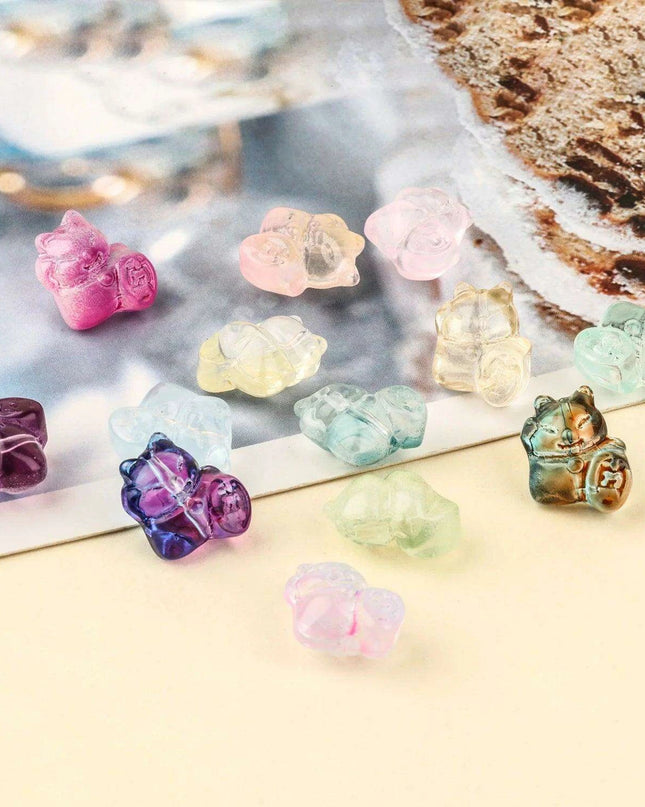 Set of 20 Colorful Lucky Cat Lampwork Glass Beads for Creative Jewelry Design - 13x14MM Decorative Spacers