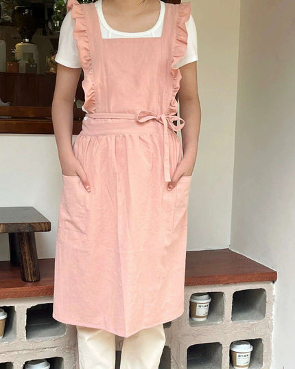 Chic Floral Ruffle Kitchen Apron for Women - Luxurious Japanese Washed Cotton Linen