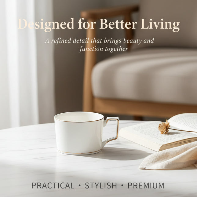 Gold-Rimmed Bone China Coffee Cup & Saucer Set | Très Elite