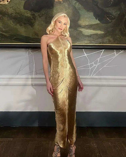 Glistening Metallic Halter Bodycon Mini Dress - Chic Backless Party Ensemble