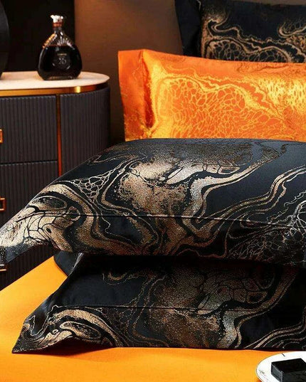 Luxurious Golden Jacquard Satin Bedding Set - 4-Piece Black Duvet & Egyptian Cotton Sheets